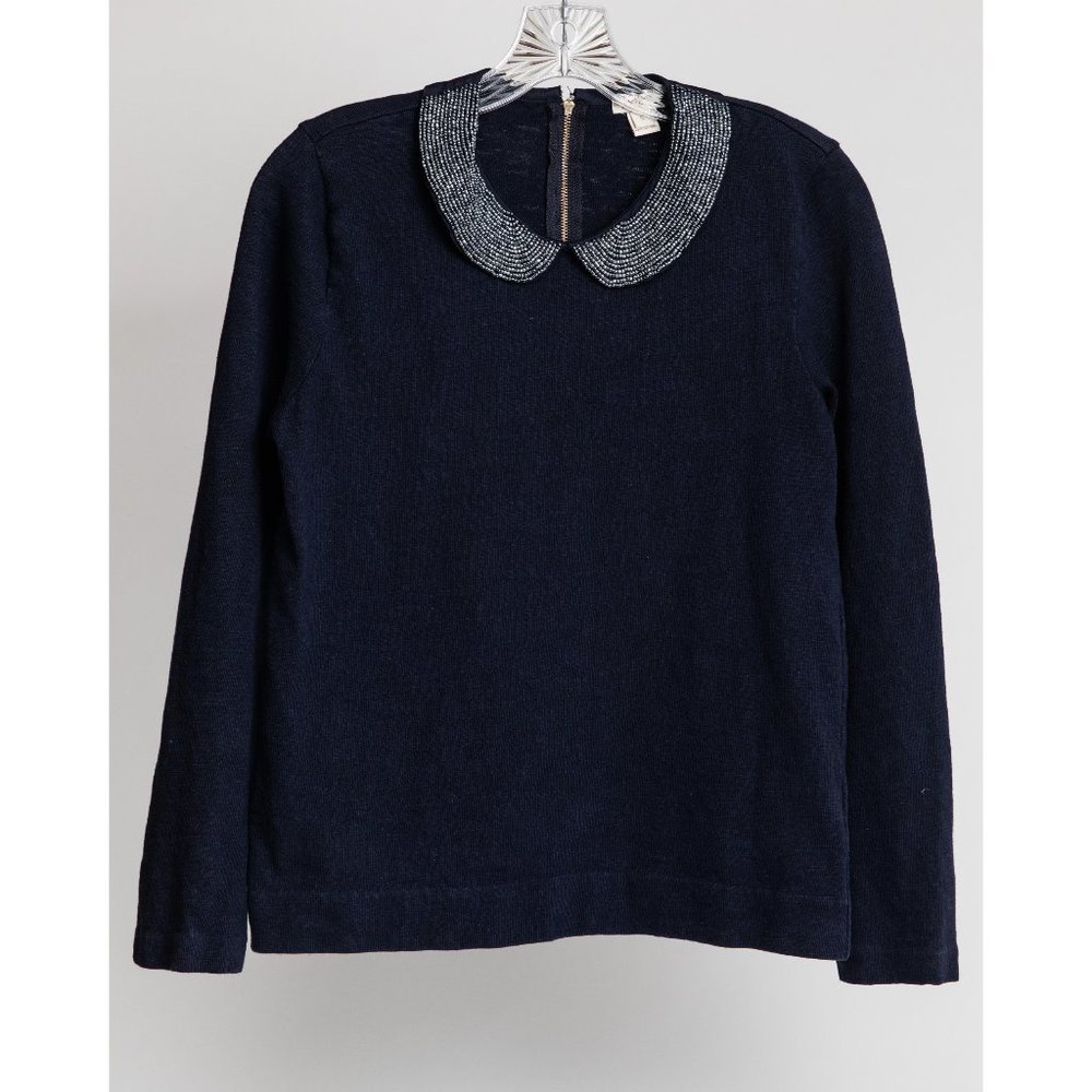 J. Crew Factory navy cotton top with beaded collar